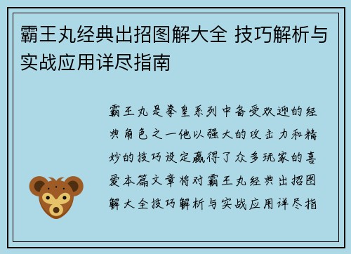 霸王丸经典出招图解大全 技巧解析与实战应用详尽指南
